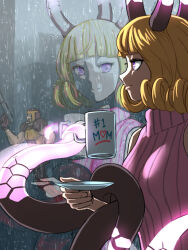 1boy 1girl armor blonde_hair blunt_bangs closed_mouth cup english_text glowing_horns gun helmet holding holding_cup horns indoors light_smile looking_at_another medium_hair monster_girl mug personification purple_eyes quake_(series) quake_1 rain ranger_(quake) reflection ribbed_sweater shub-niggurath_(quake) sleeveless sleeveless_turtleneck substance20 sweater tentacles turtleneck turtleneck_sweater upper_body weapon 