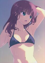  1girl adjusting_hair alternate_costume angel_beats! arm_up armpits bare_arms bare_shoulders bikini black_bikini blunt_bangs blush breasts collarbone commentary eyes_visible_through_hair green_eyes halterneck hand_up highres lelie_(lelie_link) looking_to_the_side medium_breasts medium_hair nakamura_yuri navel open_mouth purple_hair sidelighting simple_background solo straight_hair swimsuit wet 