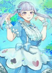  1girl absurdres black_clover blue_dress blue_ribbon dress frills grey_hair hair_ribbon highres looking_at_viewer low_twintails maid noelle_silva open_mouth purple_eyes ribbon smile solo sosuke_ppp twintails  rating:General score:3 user:danbooru