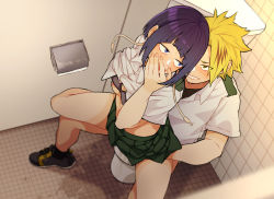  1boy 1girl absurdres blonde_hair blue_eyes boku_no_hero_academia bra bra_lift breasts clothes_lift covering_own_mouth earplugs hetero highres implied_sex jiro_kyoka kaminari_denki kobaji nipples open_mouth pee peeing pleated_skirt purple_hair reverse_cowgirl_position sex shirt_lift shoes short_hair short_sleeves sitting sitting_on_person skirt small_breasts smile spread_legs straddling sweat toilet toilet_seat underwear yellow_eyes  rating:Explicit score:305 user:danbooru