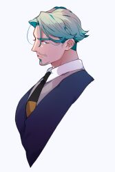  1boy black_necktie blue_hair blue_jacket challia_bull collared_shirt commentary_request cropped_shoulders curtained_hair facial_hair from_side goatee grey_vest gundam gundam_gquuuuuux highres jacket llld_(2ldk1241) looking_at_viewer male_focus mustache necktie parted_hair profile shirt short_sideburns simple_background solo suit_jacket vest white_background white_shirt 
