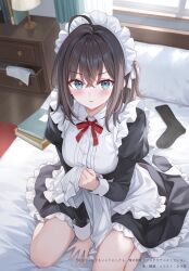  1girl ahoge apron apron_lift aqua_eyes between_legs black_dress blush book breasts brown_hair character_request clothes_lift crossed_bangs day dress frilled_dress frills from_above hand_between_legs higeneko highres indoors juliet_sleeves long_hair long_sleeves looking_at_viewer maid maid_apron maid_headdress medium_breasts neck_ribbon nightstand official_art on_bed parted_lips pillow puffy_sleeves red_ribbon ribbon second-party_source sidelocks sitting socks solo suki_datta_ko_wo_meido_ni_shitara_ore_no_heya_de_kossori_nani_ka_shiteiru unworn_socks v-shaped_eyebrows wariza white_apron window 
