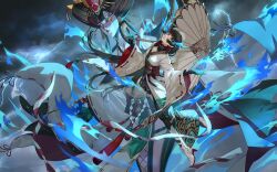  1girl black_gloves black_hair blue_fire brown_eyes chiyome_(persona) closed_mouth cloud cloudy_sky fire floating_hair gloves holding holding_umbrella japanese_clothes kimono lightning lips long_hair looking_at_viewer obi official_alternate_costume official_art oil-paper_umbrella persona persona_5 persona_5:_the_phantom_x red_lips sash sky tanemura_riko third-party_source umbrella white_kimono wide_sleeves yellow_eyes 
