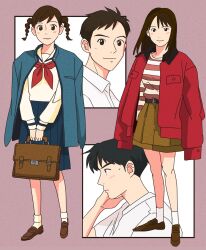  2boys 2girls bag braid breasts brown_eyes brown_hair character_request company_connection copyright_request frown high-waist_shorts highres holding holding_bag jacket jacket_on_shoulders medium_breasts medium_hair medium_skirt multiple_boys multiple_girls pleated_skirt red_jacket rikaco1988 school_bag school_uniform serafuku shirt short_shorts shorts skirt smile striped_clothes striped_shirt studio_ghibli sweatdrop twin_braids white_shirt 