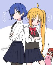  ... 4girls ahoge blonde_hair blue_background blue_hair bocchi_the_rock! bow bowtie cube_hair_ornament flying_sweatdrops from_behind gotoh_hitori hair_ornament ijichi_nijika kita_ikuyo long_hair looking_at_another mole mole_under_eye multiple_girls nanod_(key1530) polka_dot_bowtie red_bow red_bowtie red_eyes red_hair school_uniform shimokitazawa_high_school_uniform short_hair shuka_high_school_uniform side_ponytail slime_(creature) twitter_username two-tone_background white_background yamada_ryo yellow_eyes 
