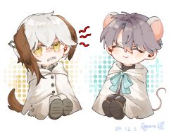  1boy 1other again_nuo animal_ears aqua_bow aqua_bowtie bow bowtie brown_tail chibi clenched_teeth cloak closed_eyes closed_mouth dog_ears dog_tail facing_viewer grey_hair grey_shoes halftone halftone_background highres kemonomimi_mode looking_at_viewer medicine_pocket mouse_boy mouse_ears mouse_tail reverse:1999 sharp_teeth shoes shout_lines smile sparkle tail teeth white_cloak white_hair x_(reverse:1999) yellow_eyes 