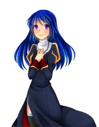  1girl black_dress black_thighhighs blue_hair blush closed_mouth commentary_request cowboy_shot dress garter_straps hands_on_own_chest highres juliet_sleeves long_hair long_sleeves looking_at_viewer meiko_(nattu303) own_hands_together priest_(ragnarok_online) puffy_sleeves purple_eyes ragnarok_online side_slit simple_background smile solo thighhighs white_background 