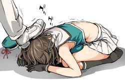 10s 1girl abuse admiral_(kancolle) all_fours asanagi breast_press brown_hair commentary crop_top dogeza feet foot_on_head hair_ornament hat unworn_hat hat_ribbon unworn_headwear kantai_collection maya_(kancolle) miniskirt pleated_skirt remodel_(kantai_collection) revision ribbon shadow short_hair simple_background skirt socks soles solo_focus stepped_on stepping_on_woman trembling white_skirt rating:Sensitive score:150 user:danbooru
