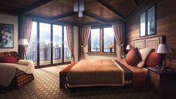  balcony bed bedroom blanket carpet chair curtains daffodil day desk_lamp flower forest hanging_light highres indoors lamp lodge mountainous_horizon nature non-web_source official_art our_life our_life:_beginnings_and_always photo_(object) pillow plant potted_plant railing variant_set window 