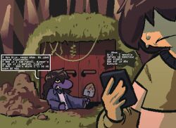  1girl 1other ahoge anime_coloring black_eyes black_hair brown_hair cellphone clenched_hand closed_mouth coat collared_coat colored_sclera commentary day deltarune digging door english_commentary english_text faceless forest frown green_sweater hair_between_eyes happy holding holding_phone holding_shovel hole kris_(deltarune) long_hair long_sleeves messy_hair monster_girl nature nervous nervous_sweating open_clothes open_coat outdoors phone plant purple_coat rouughnix shaded_face sharp_teeth shirt short_hair shovel single_stripe sleeves_past_wrists smartphone snout speech_bubble spoilers striped_clothes striped_sweater susie_(deltarune) sweat sweater teeth upper_body vines white_shirt yellow_sclera 