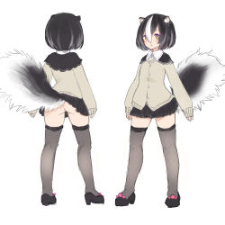  13o 1girl ass black_footwear black_hair black_skirt black_thighhighs brown_sweater clothes_lift collar facing_away full_body hair_ornament hairclip lifted_by_tail multicolored_hair no_panties original short_hair skirt skirt_lift skunk skunk_ears skunk_tail solo standing streaked_hair sweater tail thighhighs white_background white_collar yellow_eyes zettai_ryouiki  rating:Questionable score:39 user:エヴィ