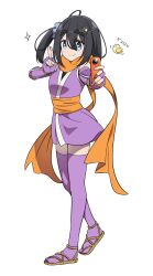  1girl amamiya_satsuki_(mono) black_hair blue_eyes camera cosplay fingerless_gloves gloves highres holding holding_camera japanese_clothes kimono kusagakure_satoko kusagakure_satoko_(cosplay) mono_(afro) ninja ninja_to_koroshiya_no_futarigurashi one_side_up scarf season_connection short_kimono shuriken_hair_ornament smile solo thick_eyebrows thighhighs white_background yas_(yosiyasuyasu) 