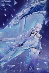  1girl absurdres all-devouring_narwhal_(genshin_impact) azurelight_(genshin_impact) bare_shoulders breasts broken_glass closed_mouth commentary cracked_sword crossed_bangs crystal_shards diamond-shaped_pupils diamond_(shape) dress dutch_angle english_commentary expressionless genshin_impact glass glass_shards hair_between_eyes halter_dress halterneck highres holding holding_sword holding_weapon large_breasts long_hair looking_at_viewer night night_sky prosthesis prosthetic_arm prosthetic_leg red_hair short_dress sidelocks skirk_(genshin_impact) sky sleeveless sleeveless_dress solo standing star_(sky) starry_sky sword symbol-shaped_pupils thighs very_long_hair weapon whale white_dress white_hair yichen 