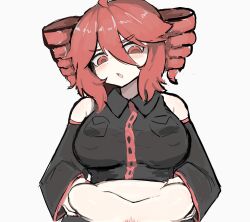  1girl ahoge belly_grab black_shirt black_skirt crop_top detached_sleeves drill_hair female_pubic_hair hair_between_eyes hair_tubes hands_on_own_stomach highres kasane_teto looking_down m3link open_mouth plump pubic_hair pubic_hair_peek red_eyes red_hair red_nails shirt skirt sleeveless sleeveless_shirt solo standing twin_drills utau vocaloid white_background 