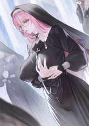  4girls absurdres arm_under_breasts black_dress blurry blurry_foreground breasts chinese_commentary coif covered_erect_nipples covered_navel cross dress glasses highres huge_breasts jewelry livestream long_hair multiple_girls nun original own_hands_clasped own_hands_together persimmonszzz pink_eyes pink_hair pink_lips solo_focus 