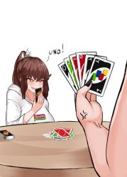 1girl 1other anger_vein blush breasts bright_pupils brown_eyes brown_hair card crown english_text hair_ornament hairclip highres holding holding_card hood hood_down hoodie imminent_uno_loss_(meme) large_breasts liz_(nin_fake) long_hair meme nin_fake open_mouth original out_of_frame playing_card playing_games ponytail red_eyes simple_background smile smug solo_focus table uno_(game) white_background white_hoodie 