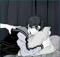  2boys black_border black_hair black_jacket blush border cheng_xiaoshi curtains dsarl995595 highres holding hugging_object jacket jacket_partially_removed letterman_jacket limited_palette long_sleeves looking_at_viewer lying male_focus monochrome multicolored_jacket multiple_boys off_shoulder on_bed on_stomach out_of_frame outside_border parted_lips pillow pillow_hug ponytail pulling_another&#039;s_clothes shiguang_dailiren shirt short_hair short_ponytail solo_focus spot_color upper_body yaoi yellow_eyes 