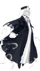  1girl absurdres argon_(caocaocaocaocao) chinese_commentary closed_mouth commentary_request dress full_body greyscale highres juliet_sleeves koumajou_densetsu koumajou_densetsu_2 long_dress long_sleeves medium_hair monochrome neck_ribbon puffy_sleeves ribbon saigyouji_yuyuko sketch sleeves_past_fingers sleeves_past_wrists solo touhou veil white_background 