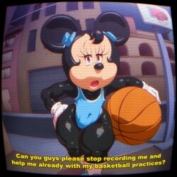  1girl angelauxes animal_ears ball basketball basketball_(object) basketball_hoop black_fur blue_bow blue_one-piece_swimsuit bow building chain-link_fence covered_navel crt curvy disney english_text fence fisheye flat_chest furry furry_female hair_bow hair_tuft half-closed_eyes hand_on_own_hip holding holding_ball long_eyelashes looking_at_viewer minnie_mouse mouse_(animal) mouse_ears mouse_girl one-piece_swimsuit open_mouth recording road shortstack street swimsuit talking television thick_thighs thighs wide_hips 