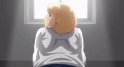  2022 20s animated animated_gif anus ass backboob blonde_hair blue_eyes blue_skirt breasts doggystyle earrings from_behind gal hajimete_no_hitozuma huge_ass huge_breasts jewelry kawai_satomi looking_back school school_uniform sex_from_behind short_hair skirt teacher_and_student 