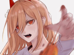  1girl absurdres akatuki25178 blonde_hair blurry blurry_foreground chainsaw_man cross-shaped_pupils demon_girl demon_horns hair_between_eyes highres horns long_hair looking_at_viewer open_mouth power_(chainsaw_man) red_horns sharp_teeth solo sweatdrop symbol-shaped_pupils teeth white_background yellow_eyes 