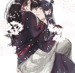  1010923 2boys bishounen black_hair black_hanfu branch carrying carrying_person cherry_blossoms chinese_clothes closed_eyes closed_mouth couple face-to-face falling_petals flower hair_ribbon hanfu high_ponytail highres hug imminent_kiss lan_wangji long_hair long_sleeves looking_at_another male_focus modao_zushi multiple_boys open_mouth petals ponytail red_ribbon ribbon robe sash sidelocks simple_background sitting smile topknot twitter_username wei_wuxian white_background white_flower white_hanfu wide_sleeves yaoi yellow_eyes 