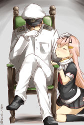10s 1boy 1girl admiral_(kancolle) black_socks chair closed_eyes crossed_legs fingerless_gloves gloves glowing glowing_eyes hair_flaps hair_ornament hair_ribbon hairclip hand_on_another&#039;s_head hat headpat highres kantai_collection kneehighs kneeling long_hair max_melon military musk_tiger peaked_cap pink_hair ribbon scarf school_uniform serafuku sitting socks twitter_username white_scarf yuudachi_(kancolle) rating:Sensitive score:5 user:danbooru