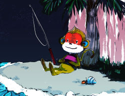  1boy animal_crossing beach fishing_rod in_tree monkey nintendo palm_tree simon_(animal_crossing) sitting sitting_in_tree tree tunnelvision 