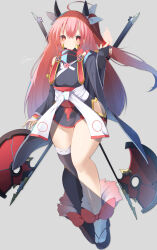 1girl absurdres ahoge alternate_costume asymmetrical_legwear axe bell black_kimono black_thighhighs blush bow breasts cherry_blossoms date_a_live expressionless eyelashes fingerless_gloves fire full_body geta gloves hair_between_eyes highres holding_behind_back holding_weapon_behind_back horn_ornament horn_ribbon horns itsuka_kotori jam_(jamjam777) japanese_clothes kimono long_hair long_sleeves looking_at_viewer mismatched_legwear multiple_weapons outstretched_arm red_bow red_eyes red_hair ribbon sash shadow short_kimono sidelocks skirt small_breasts socks solo standing thigh_gap thighhighs thighs very_long_hair white_ribbon white_sash white_socks wide_sleeves zettai_ryouiki rating:General score:4 user:danbooru