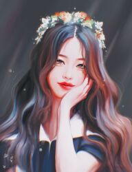  1girl artist_name asian black_shirt brown_hair commentary english_commentary hand_on_own_cheek hand_on_own_face head_wreath highres ive_(group) k-pop long_hair looking_at_viewer parted_hair portrait real_life realistic red_lips shanlieart shirt smile solo wonyoung_(ive) 