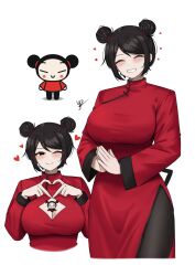  1boy 1girl absurdres between_breasts black_eyes black_hair black_pants blush blush_stickers breasts china_dress chinese_clothes cleavage cleavage_cutout closed_eyes closed_mouth clothing_cutout commentary cropped_legs cropped_torso double_bun dress eyeliner garu hair_bun hair_tie hands_up heart heart_hands highres large_breasts long_sleeves looking_at_viewer loving_aura makeup mini_person miniboy multiple_views one_eye_closed own_hands_together pants parted_bangs person_between_breasts pucca pucca_(cartoon) red_dress red_eyeliner shanghai_neckline short_hair signature simple_background smile swept_bangs white_background yukaraishin 