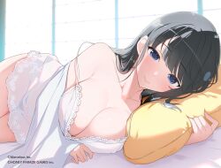  1girl bed bed_sheet black_hair blue_eyes blush breasts camisole closed_mouth collarbone copyright_logo highres hime_cut ikaruga_(senran_kagura) large_breasts long_hair looking_at_viewer lying non-web_source official_art on_bed on_side pillow senran_kagura smile solo sunlight white_camisole yaegashi_nan 