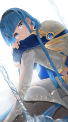  1girl 58_(scbaby) absurdres blue_eyes blue_hair blunt_bangs boots closed_mouth eyelashes highres long_hair looking_at_viewer magic_knight_rayearth puddle ryuuzaki_umi sitting solo thigh_boots water_drop white_background 