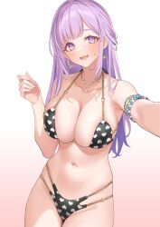  1girl armlet bare_shoulders bikini blue_hair blush breasts cleavage collarbone dead_or_alive dead_or_alive_xtreme dead_or_alive_xtreme_venus_vacation earrings fiona_(doa) heart heart_print highres jewelry large_breasts long_hair looking_at_viewer multicolored_hair navel official_art open_mouth popqn purple_eyes purple_hair second-party_source smile solo standing streaked_hair swimsuit venus_vacation_prism:_dead_or_alive_xtreme white_background 