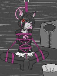  1girl absurdres animal_ears bdsm blue_archive blush bondage bound cat_ears clitoris clothes_lift cross-section crotch_rope extra_ears female_focus frogtie halo hentarise highres kazusa_(blue_archive) multiple_views panties pantyhose purple_eyes purple_rope rope sex_toy shibari shibari_over_clothes simple_background skirt skirt_lift solo spread_legs suspension trembling underwear uterus vaginal x-ray  rating:Explicit score:2 user:HentaRise