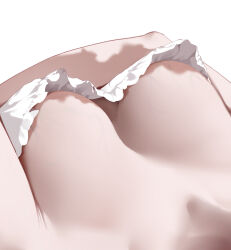 1girl absurdres breast_focus breasts cleavage close-up commentary_request downblouse frills from_above head_out_of_frame highres medium_breasts no_bra original shenmi_de_xigua simple_background solo strapless upper_body veins veiny_breasts white_background  rating:Questionable score:21 user:danbooru