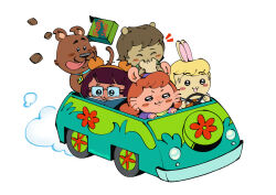 2boys 2girls animal_ears blonde_hair brown_hair chibi chibi_only chibikemo chiikawa chiikawa_(character) daphne_blake dog driving fluffy food fred_jones furrification furry furry_and_animal furry_female furry_male furuhonya fusion glasses long_hair momonga_(chiikawa) motor_vehicle multiple_boys multiple_girls nagano_(grayparka)_(style) officeanomaly rabbit_boy rabbit_ears sandwich scooby-doo scooby-doo_(character) shaggy_rogers short_hair simple_background squirrel_ears squirrel_girl usagi_(chiikawa) van velma_dinkley white_background 
