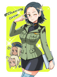  3girls black_hair black_skirt blue_hat bowieknife closed_mouth commentary_request comoli_harcourt copyright_name dark-skinned_female dark_skin flcl forehead freckles gundam gundam_gquuuuuux hat holding holding_tablet_pc jacket kitsurubami lal&#039;c_mellk_mal long_sleeves look-alike looking_at_viewer military_hat military_jacket military_uniform mole mole_under_eye multiple_girls one_eye_closed parted_bangs shirt short_hair skirt smile tablet_pc top_wo_nerae!_(series) top_wo_nerae_2! v v_over_eye white_hair yellow_eyes zeon 