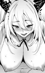 1girl bad_id bad_pixiv_id beast_dominator blush breasts commentary_request female_focus full-face_blush greyscale hair_between_eyes large_breasts long_hair looking_at_viewer monochrome nipples open_mouth shadowverse smile solo sweatdrop tomohiro_kai rating:Questionable score:20 user:danbooru