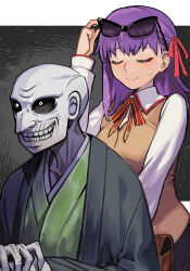  1boy 1girl bald black_sclera colored_sclera colored_skin evil_grin evil_smile eyewear_on_head fate/stay_night fate_(series) green_kimono grey_skin grin hair_ribbon homurabara_academy_school_uniform hungry_clicker hyoudou_kazutaka japanese_clothes kaiji kimono long_hair matou_sakura matou_zouken purple_hair ribbon school_uniform smile sunglasses sweatdrop tsukayama_masane voice_actor_connection 