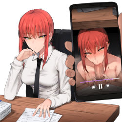 1girl :&gt;= black_necktie blush braid braided_ponytail breasts cellphone censored chainsaw_man chair closed_mouth collared_shirt desk dress_shirt erection expressionless fellatio furrowed_brow hair_between_eyes hetero holding holding_phone juxtaposition long_sleeves looking_down makima_(chainsaw_man) male_pubic_hair medium_breasts medium_hair mikafen multiple_views necktie nose_bubble oral paper penis phone photo_comparison pubic_hair red_hair ringed_eyes shirt sidelocks simple_background sitting smartphone solo_focus sweat topless_female upper_body white_background white_shirt wing_collar yellow_eyes rating:Explicit score:711 user:danbooru