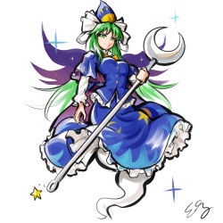  1girl absurdres blue_capelet bow bowtie capelet edz_drawz floating ghost_tail green_eyes green_hair hair_bow hat highres long_sleeves mima_(touhou) simple_background smile solo staff sun_print sun_symbol touhou touhou_(pc-98) white_background witch_hat wizard_hat yellow_bow yellow_bowtie 