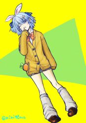  1girl animal_ears blue_hair blue_ribbon bow brown_cardigan brown_shoes cardigan carrot_hair_ornament closed_mouth commentary_request dutch_angle food-themed_hair_ornament full_body green_background grey_skirt grey_socks hair_ornament hair_ribbon highres hololive kiritoma loafers looking_at_viewer loose_socks one_eye_closed pleated_skirt purple_eyes rabbit_ears red_bow ribbon school_uniform shirt shoes short_eyebrows skirt socks solo standing thick_eyebrows twitter_username two-tone_background two_side_up usada_pekora virtual_youtuber white_shirt yellow_background 