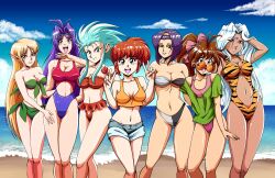  6+girls aa_megami-sama aqua_hair beach brown_hair character_request cowboy_bebop cowboy_shot crossover dark-skinned_female dark_skin deedlit faye_valentine highres long_hair multiple_crossover multiple_girls naga_the_serpent outdoors pointy_ears purple_hair ranma-chan ranma_1/2 record_of_lodoss_war red_hair ryouko_(tenchi_muyou!) short_hair short_shorts shorts slayers sunglasses swimsuit tedbob84 tenchi_muyou! urd_(aa_megami-sama) white_hair 