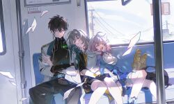 1boy 2girls absurdres baguette black_boots black_coat black_gloves black_hair black_overskirt black_skirt blue_boots blue_jacket blue_skirt boots bra_strap bread breasts chinese_commentary closed_eyes coat commentary_request dan_heng_(honkai:_star_rail) dan_heng_(hunt)_(honkai:_star_rail) drooling flower_ornament food gloves grey_hair highres honkai:_star_rail honkai_(series) jacket long_sleeves march_7th_(honkai:_star_rail) march_7th_(preservation)_(honkai:_star_rail) medium_breasts miniskirt multicolored_boots multiple_girls off-shoulder_jacket off_shoulder open_clothes open_coat open_mouth overskirt parted_lips passerb37118098 pink_hair power_lines saliva shirt short_hair skirt sleeping sleeping_on_person stelle_(honkai:_star_rail) teeth thigh_strap tied_jacket trailblazer_(honkai:_star_rail) train_interior two-tone_boots underbust upper_teeth_only utility_pole white_shirt 