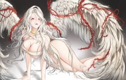  1girl absurdres angel angel_wings arm_support armpit_crease arucoro bare_shoulders barefoot black_background breasts cleavage collarbone colored_eyelashes curvy full_body hair_between_eyes hand_on_ground highres hood large_breasts last_origin light_particles long_hair looking_ahead looking_at_viewer lying on_side open_mouth parted_bangs parted_lips ramiel_(last_origin) revealing_clothes ribbon ribbon_as_bra shadow solo teeth thick_eyelashes thorns torn_clothes torn_ribbon underboob upper_teeth_only very_long_hair wavy_hair white_eyelashes white_hair white_ribbon wings 