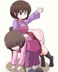  2girls animated animated_gif ass black_legwear blunt_bangs blush brown_hair butt_crack chair clothes_lift crying eyes_visible_through_hair female_focus hair_between_eyes keyneq long_sleeves multiple_girls original panties panty_pull punishment short_hair sitting skirt skirt_lift socks spanked spanking tears underwear white_panties 