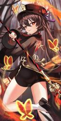 1girl ass brown_hair bug butterfly flower genshin_impact hat highres holding holding_staff hu_tao_(genshin_impact) insect janome_yuiwa legs looking_at_viewer plum_blossoms porkpie_hat red_eyes short_shorts shorts socks staff staff_of_homa_(genshin_impact) tongue tongue_out rating:Sensitive score:25 user:danbooru