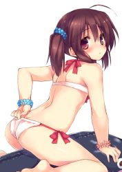  1girl adjusting_clothes adjusting_swimsuit ahoge ass back bare_arms bare_legs bare_shoulders barefoot bikini blush bracelet brown_eyes brown_hair character_request copyright_request female_focus from_behind hair_between_eyes inflatable_dolphin inflatable_toy jewelry leaning_forward looking_at_viewer mokoke shoulder_blades side-tie_bikini_bottom simple_background solo straddling strapless strapless_bikini string_bikini swimsuit to_heart_(series) to_heart_2 two_side_up wedgie white_background white_bikini wrist_flower  rating:Questionable score:29 user:danbooru
