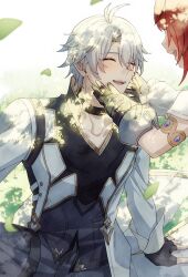  1boy 1girl antenna_hair black_choker black_gloves black_pants black_shirt choker closed_eyes coat dappled_sunlight falling_leaves fingerless_gloves gloves hands_on_another&#039;s_cheeks hands_on_another&#039;s_face highres honkai:_star_rail honkai_(series) leaf male_focus pants parted_bangs phainon_(honkai:_star_rail) pochimaru_(marumaru_wanwan) red_hair shirt short_hair sitting solo_focus sunlight thigh_strap tribbie_(honkai:_star_rail) white_coat white_hair 